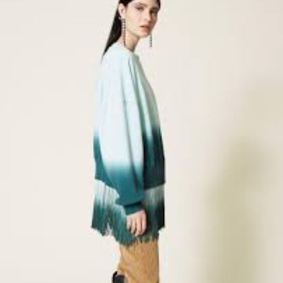 Twinset Milano Sweatshirt Womens XXL Green Ombre Tie-Dye Fringed Top Boho - Picture 16 of 16